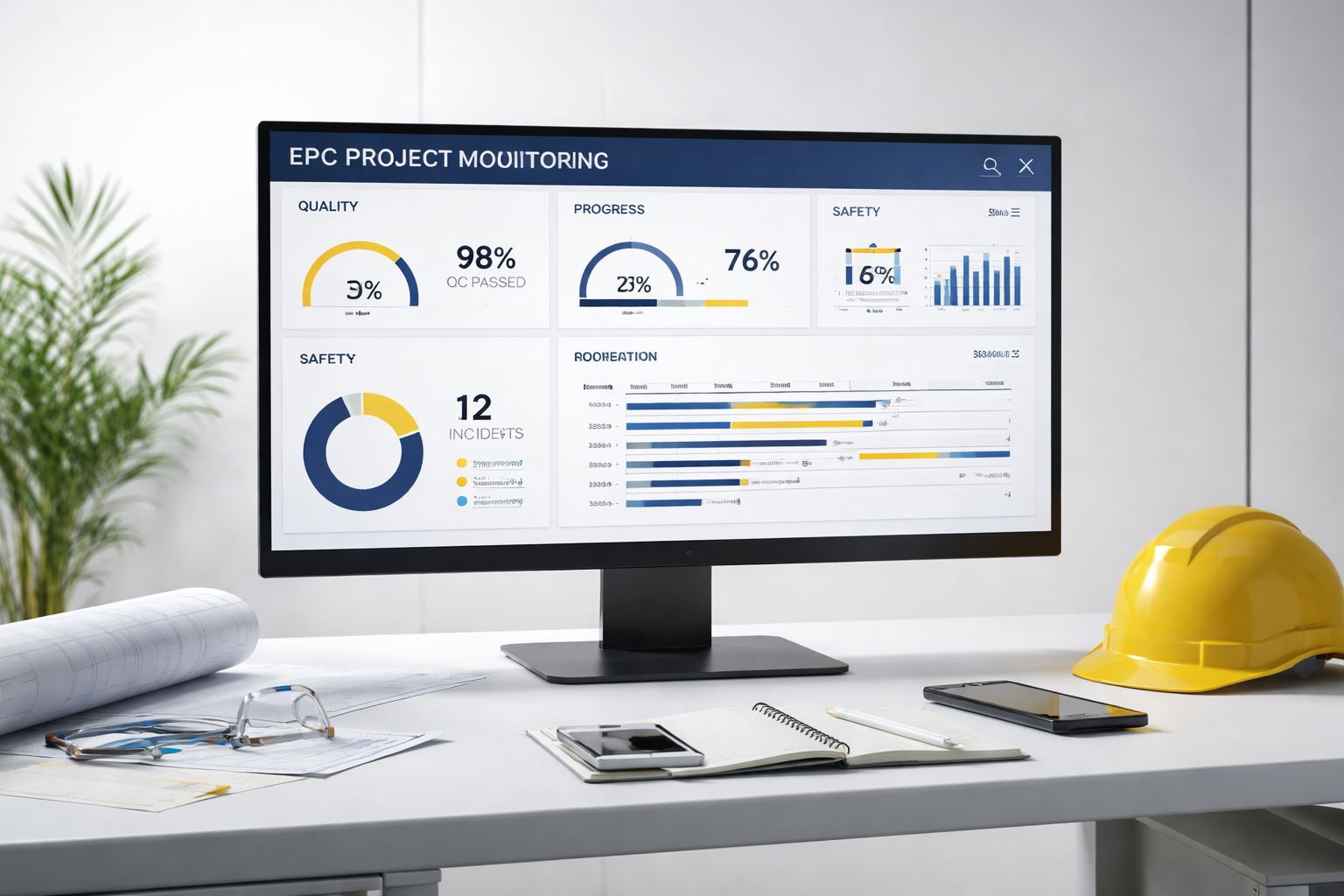 Visual dashboard monitoring proyek EPC yang menampilkan indikator mutu, progres pekerjaan, dan keselamatan kerja dalam tampilan modern dan minimalis untuk kebutuhan evaluasi harian proyek.