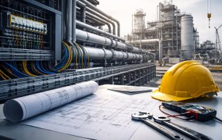 Visual minimalis instalasi pipa, panel elektrik, dan struktur sipil di kawasan industri yang merepresentasikan manajemen interface proyek industri untuk mencegah delay akibat konflik mechanical–electrical–civil.