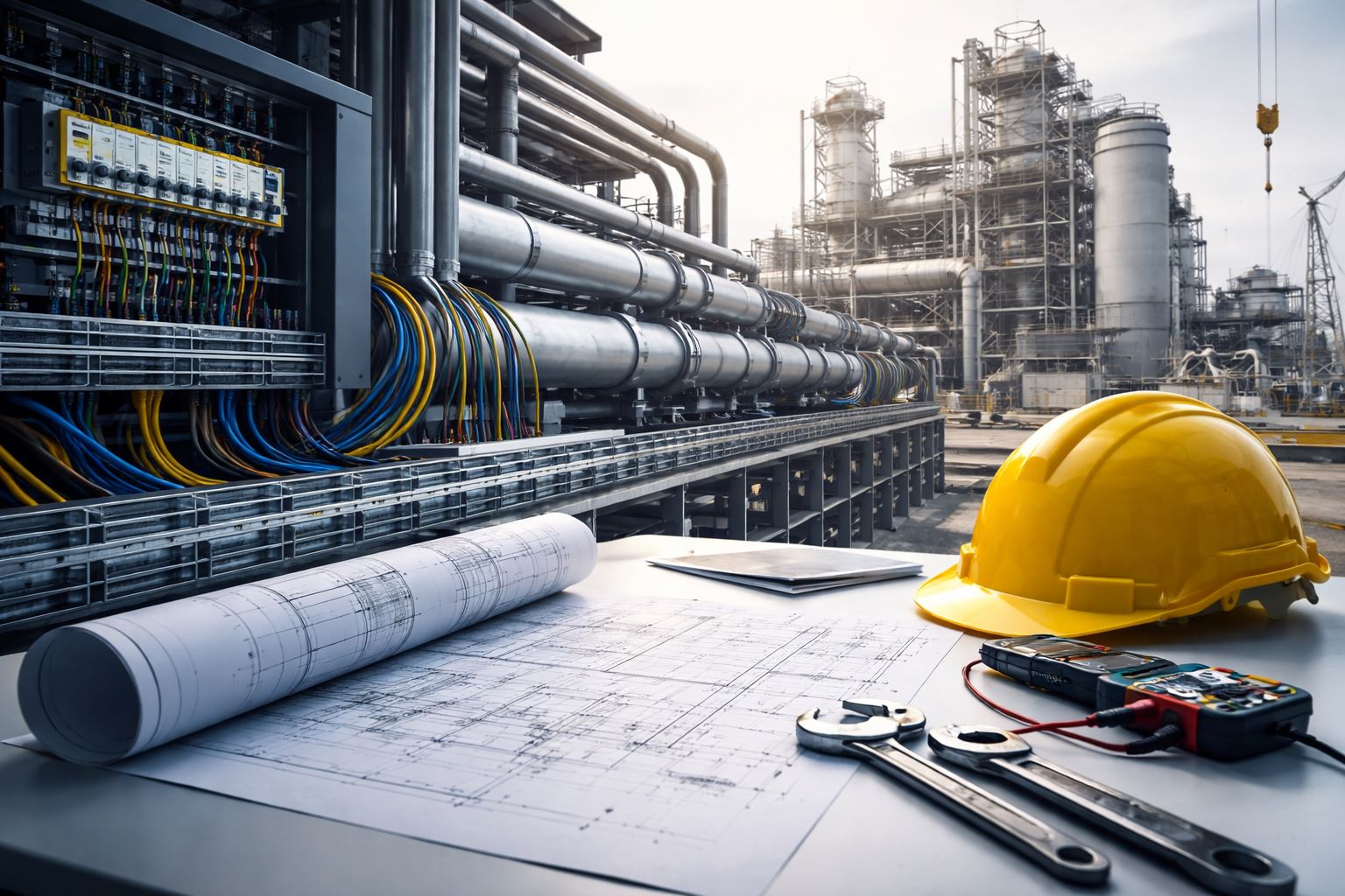 Visual minimalis instalasi pipa, panel elektrik, dan struktur sipil di kawasan industri yang merepresentasikan manajemen interface proyek industri untuk mencegah delay akibat konflik mechanical–electrical–civil.