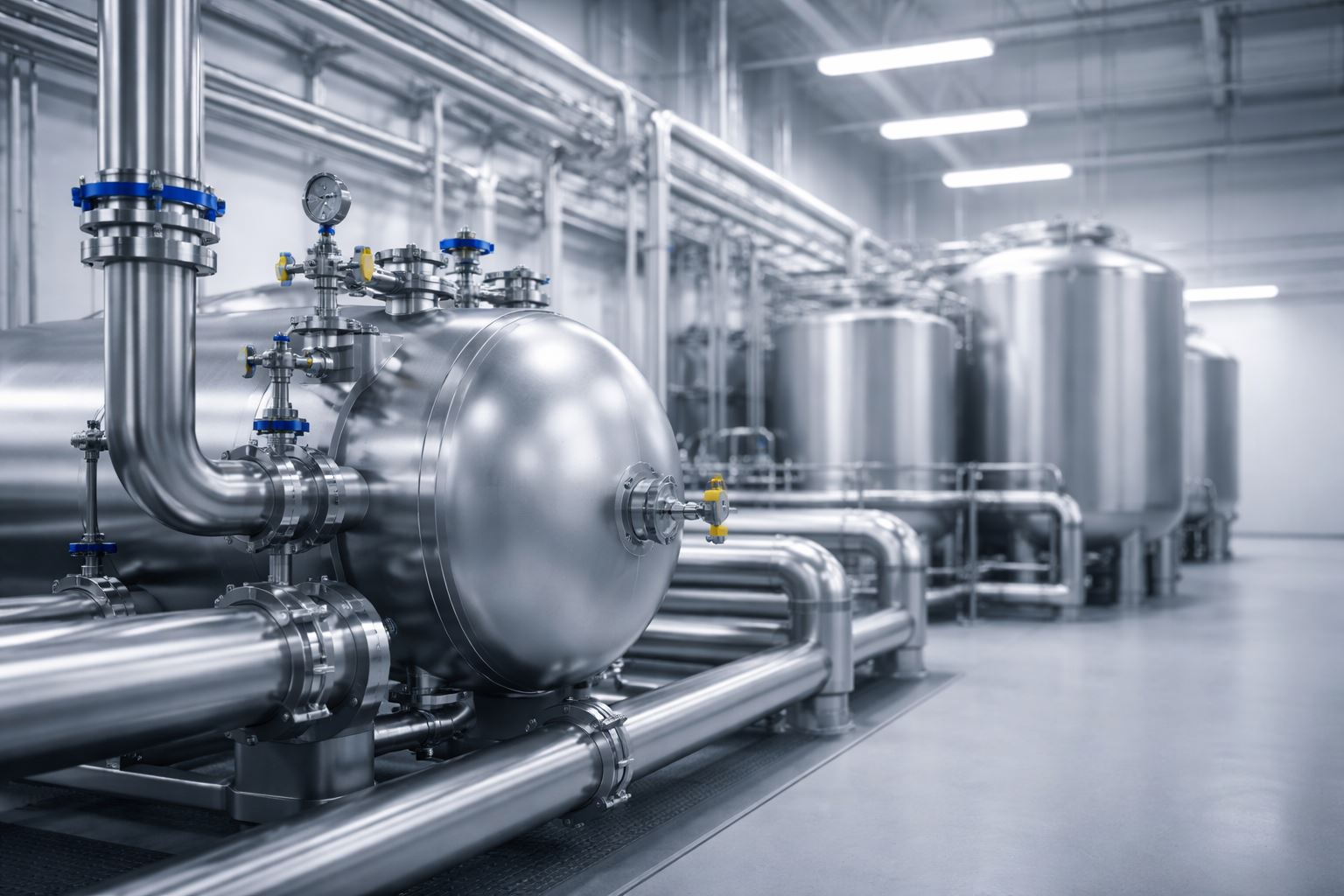 Dokumentasi piping tank vessel pada instalasi industri modern dengan sistem pipa, tangki, dan pressure vessel tersusun rapi sebagai representasi kontrol ITR, MC, dan punch list agar audit-ready.