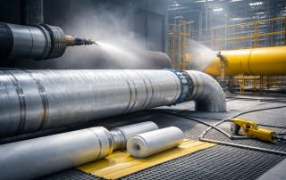 Proses sand blasting dan coating pada pipa industri dengan sistem insulation sebagai perlindungan korosi untuk memperpanjang umur aset dan menekan biaya perawatan.