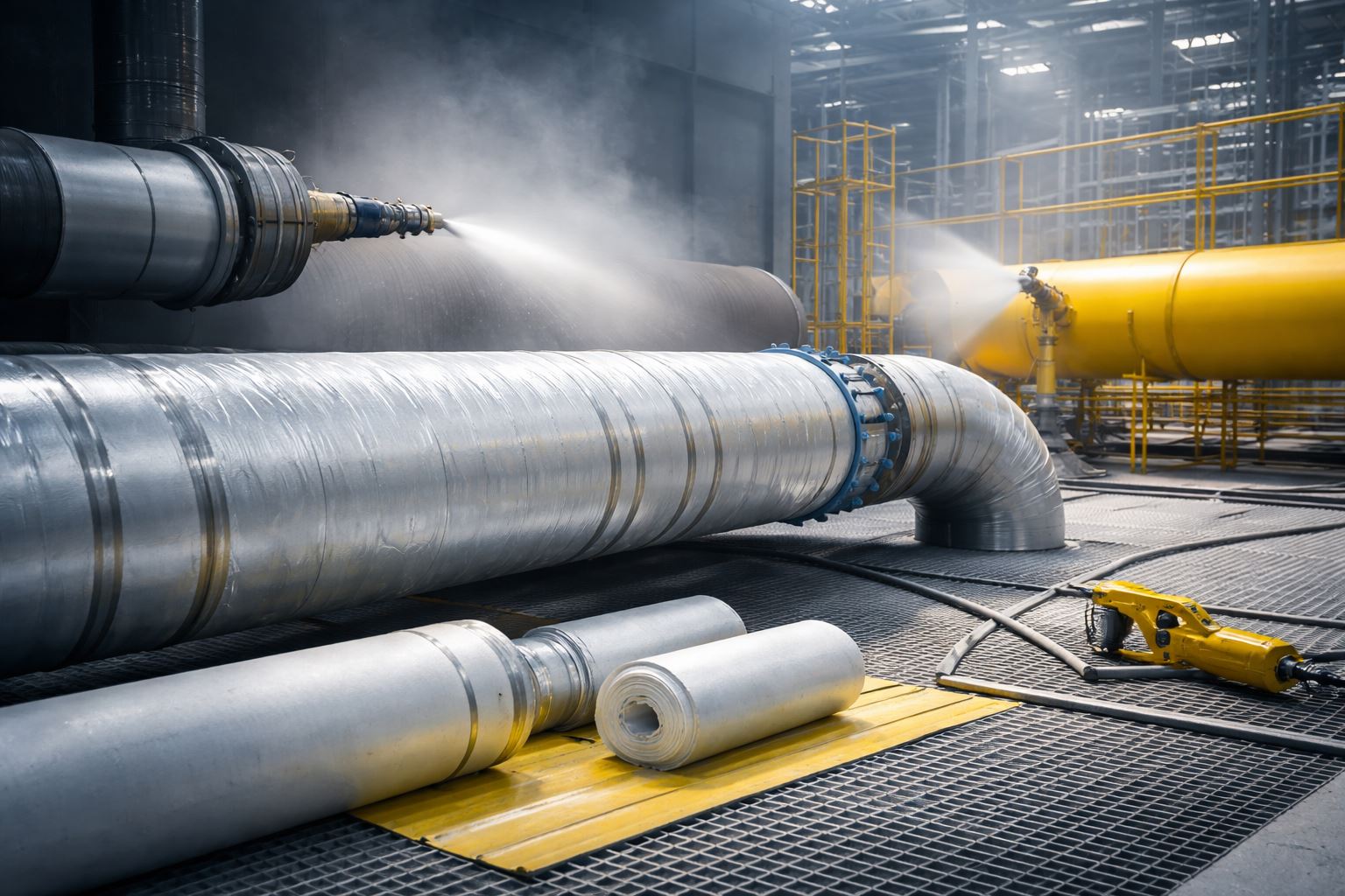 Proses sand blasting dan coating pada pipa industri dengan sistem insulation sebagai perlindungan korosi untuk memperpanjang umur aset dan menekan biaya perawatan.