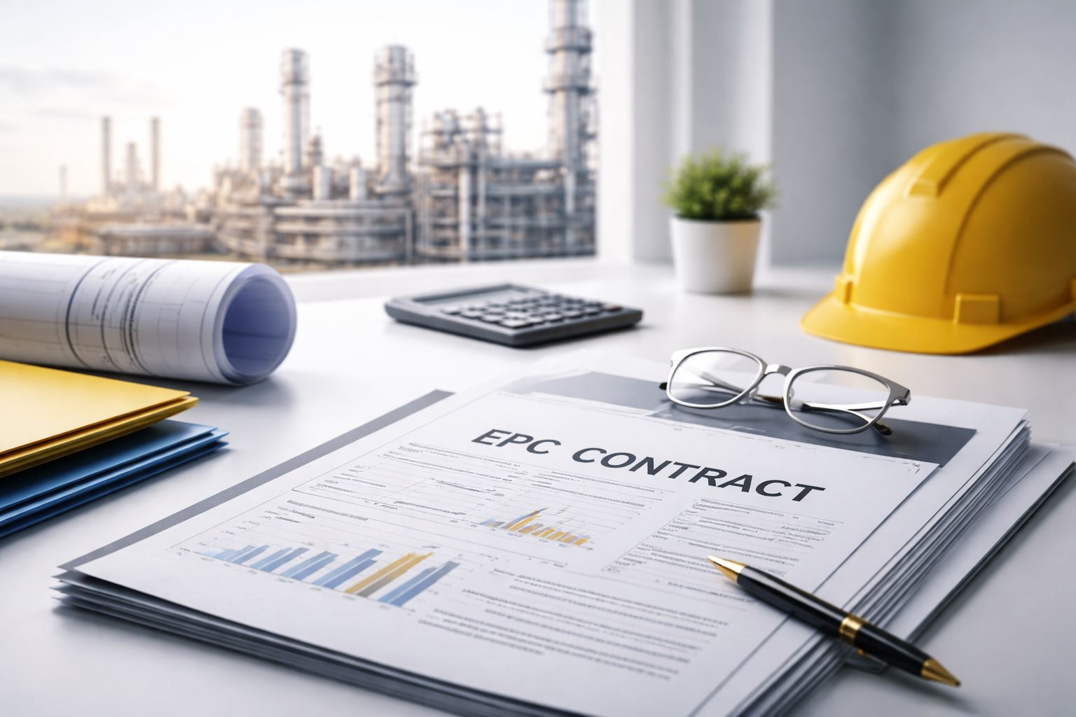 Ilustrasi profesional kontrak EPC pembagian risiko biaya, waktu, dan kinerja dalam proyek industri modern dengan pendekatan manajemen terstruktur.