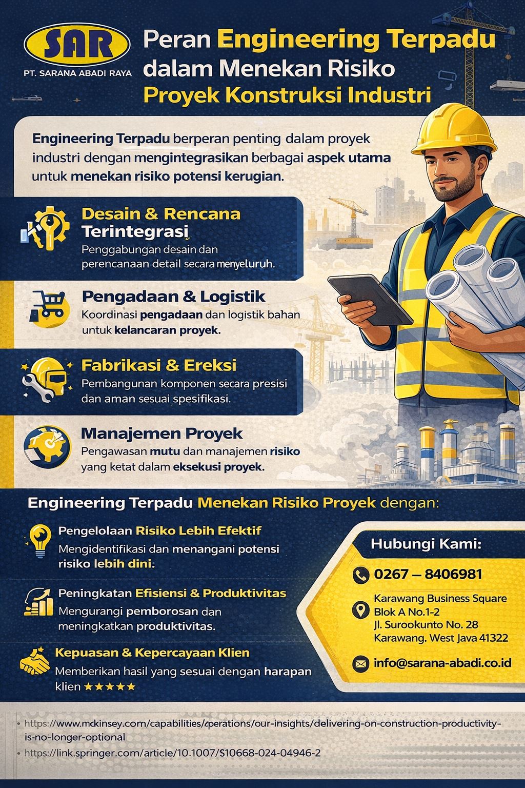 Infografis peran engineering terpadu proyek industri dalam menekan risiko konstruksi melalui perencanaan terintegrasi, pengadaan, fabrikasi, ereksi, dan manajemen proyek, dengan visual modern bernuansa biru-kuning khas PT. Sarana Abadi Raya.