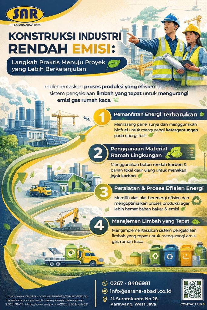 Infografis konstruksi industri rendah emisi dengan langkah praktis menuju proyek berkelanjutan, meliputi energi terbarukan, material ramah lingkungan, efisiensi proses, dan pengelolaan limbah.