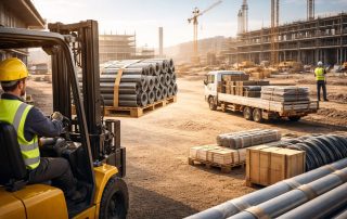 Ilustrasi efisiensi material handling proyek dari area workshop ke site dengan pengangkutan material yang tertata, cepat, dan minim waktu menganggur di lapangan.