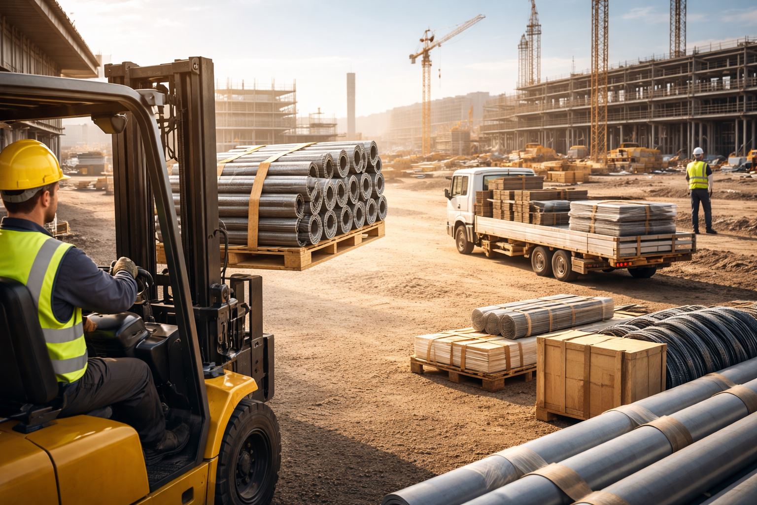 Ilustrasi efisiensi material handling proyek dari area workshop ke site dengan pengangkutan material yang tertata, cepat, dan minim waktu menganggur di lapangan.