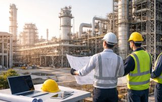Tim engineering meninjau perencanaan lapangan pada proyek fasilitas industri sebagai gambaran peran engineering terpadu proyek industri dalam menekan risiko konstruksi
