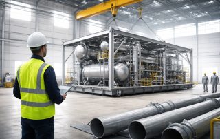 Fabrikasi modular proyek industri di fasilitas modern dengan modul proses presisi tinggi untuk percepatan instalasi, efisiensi konstruksi, dan peningkatan keselamatan kerja.