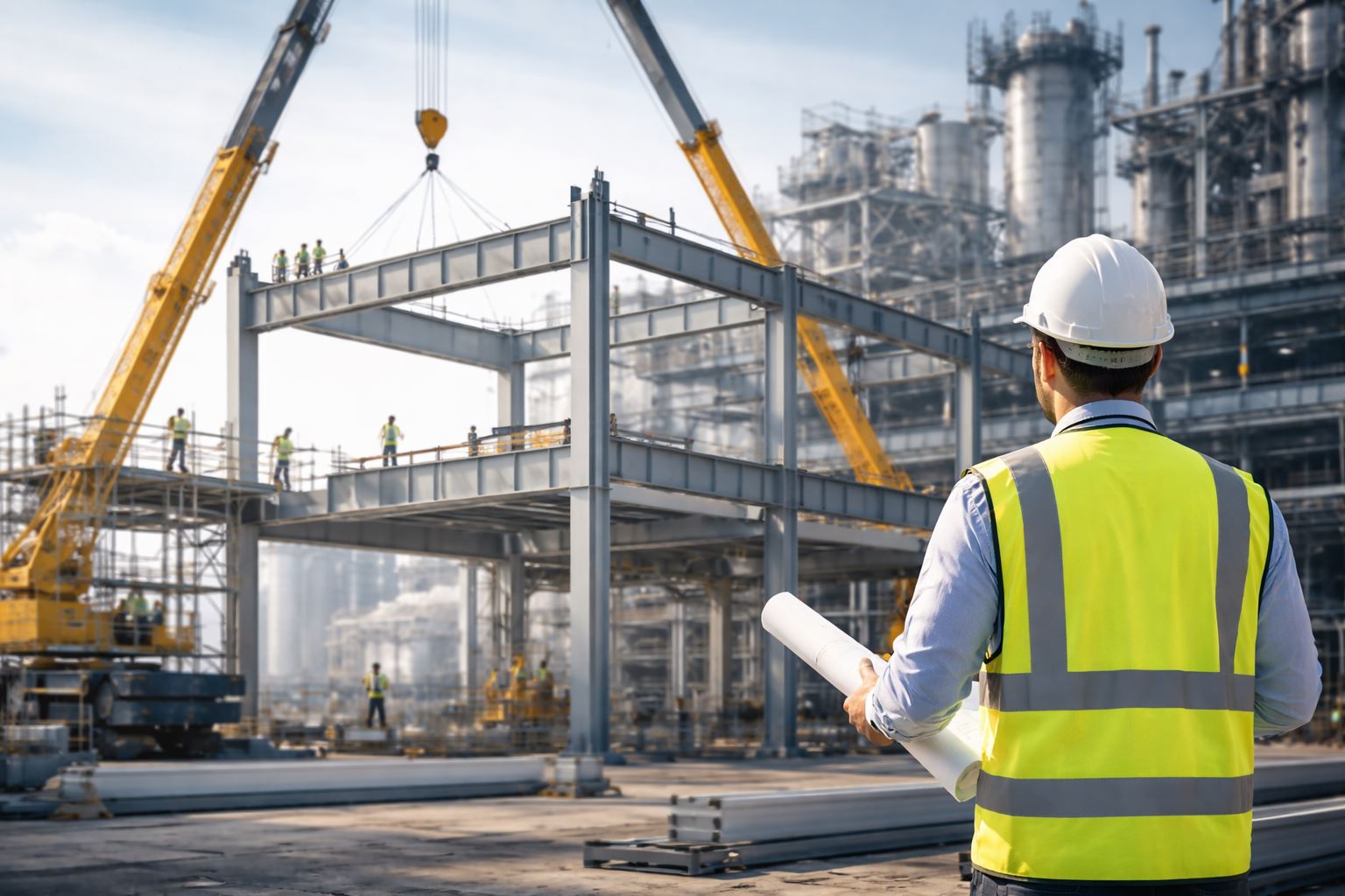 Erection struktur pabrik modern dengan pemasangan rangka baja presisi di area konstruksi industri untuk menjaga jadwal instalasi tetap efisien dan terkontrol