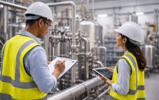 Tim engineer melakukan quality control konstruksi industri di area fasilitas proses untuk memastikan standar mutu, keselamatan, dan ketepatan instalasi berjalan optimal.