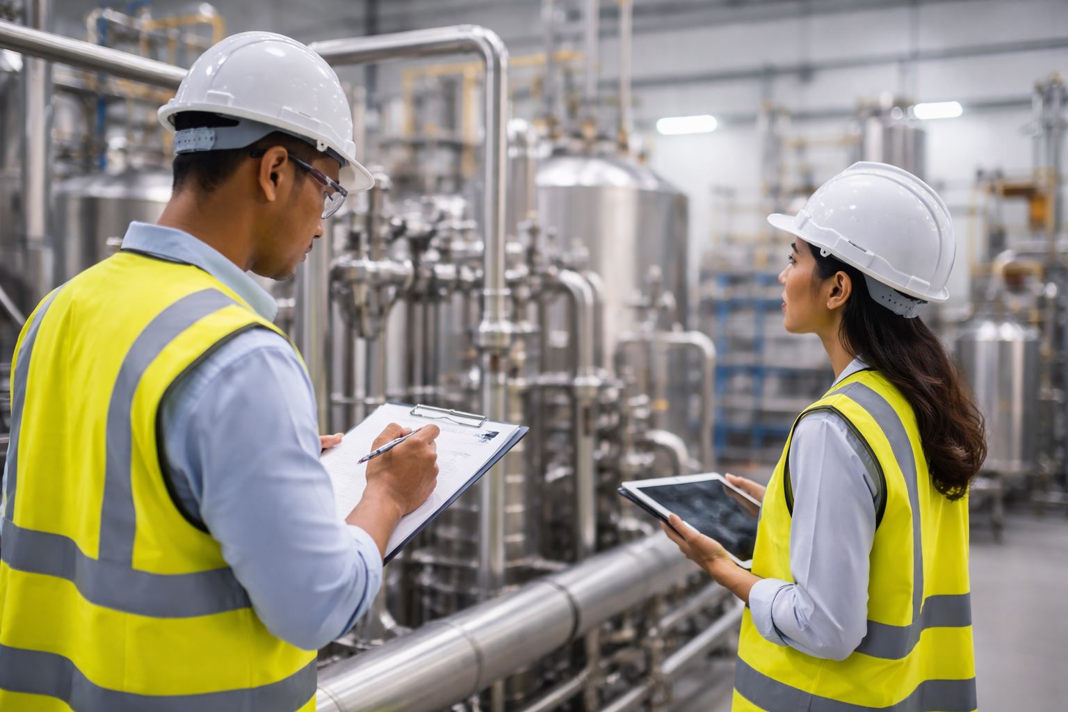 Tim engineer melakukan quality control konstruksi industri di area fasilitas proses untuk memastikan standar mutu, keselamatan, dan ketepatan instalasi berjalan optimal.