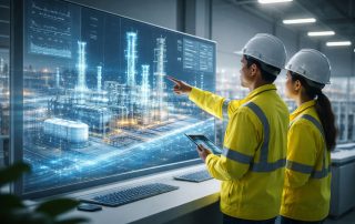 Digital twin proyek industri digunakan oleh tim engineering untuk memantau model virtual fasilitas konstruksi secara presisi dan real time
