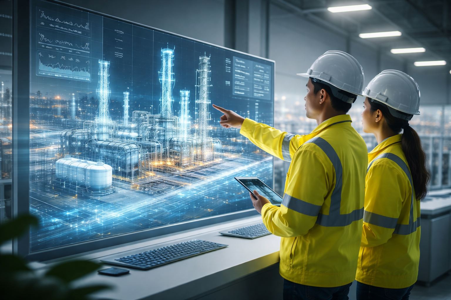 Digital twin proyek industri digunakan oleh tim engineering untuk memantau model virtual fasilitas konstruksi secara presisi dan real time