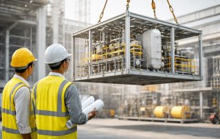 Modular construction pabrik industri dengan unit offsite fabrication yang sedang diangkat untuk mempercepat efisiensi pembangunan fasilitas proses industri modern.