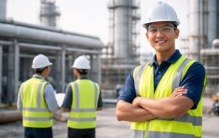 Keselamatan kerja proyek industri dengan pengawasan teknis dan penerapan standar K3 pada area konstruksi modern