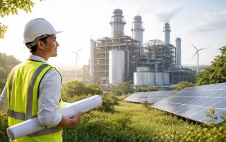 Ilustrasi konstruksi industri rendah emisi dengan insinyur proyek dan fasilitas industri modern berkonsep berkelanjutan