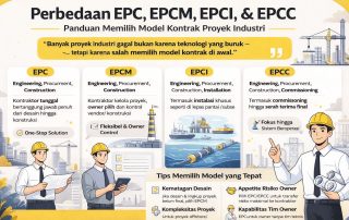 Infografis modern tentang perbedaan EPC, EPCM, EPCI, dan EPCC dalam kontrak proyek industri, menampilkan perbandingan model kontrak konstruksi secara visual, minimalis, dan profesional dengan ilustrasi pekerja teknik dan fasilitas industri.