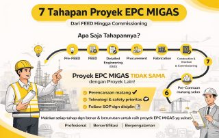 Infografis 7 Tahapan Proyek EPC Migas dari Pre-FEED hingga Commissioning yang menjelaskan alur lengkap proyek engineering, procurement, construction, dan commissioning di industri minyak dan gas secara modern dan visual.