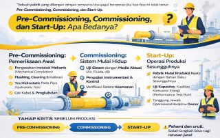 Infografis modern tentang perbedaan Pre-Commissioning, Commissioning, dan Start-Up pada proyek industri konstruksi EPC, menampilkan tahapan penting sebelum pabrik beroperasi dengan desain ilustratif profesional bernuansa biru dan kuning.
