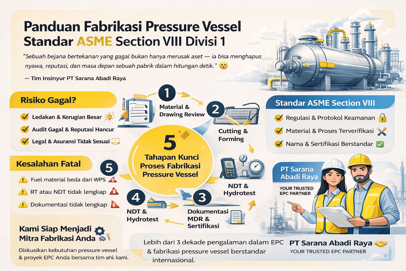 Infografis modern panduan fabrikasi pressure vessel standar ASME Section VIII Divisi 1 yang menampilkan tahapan proses, risiko, standar keselamatan, dan alur kerja industri migas secara visual profesional.
