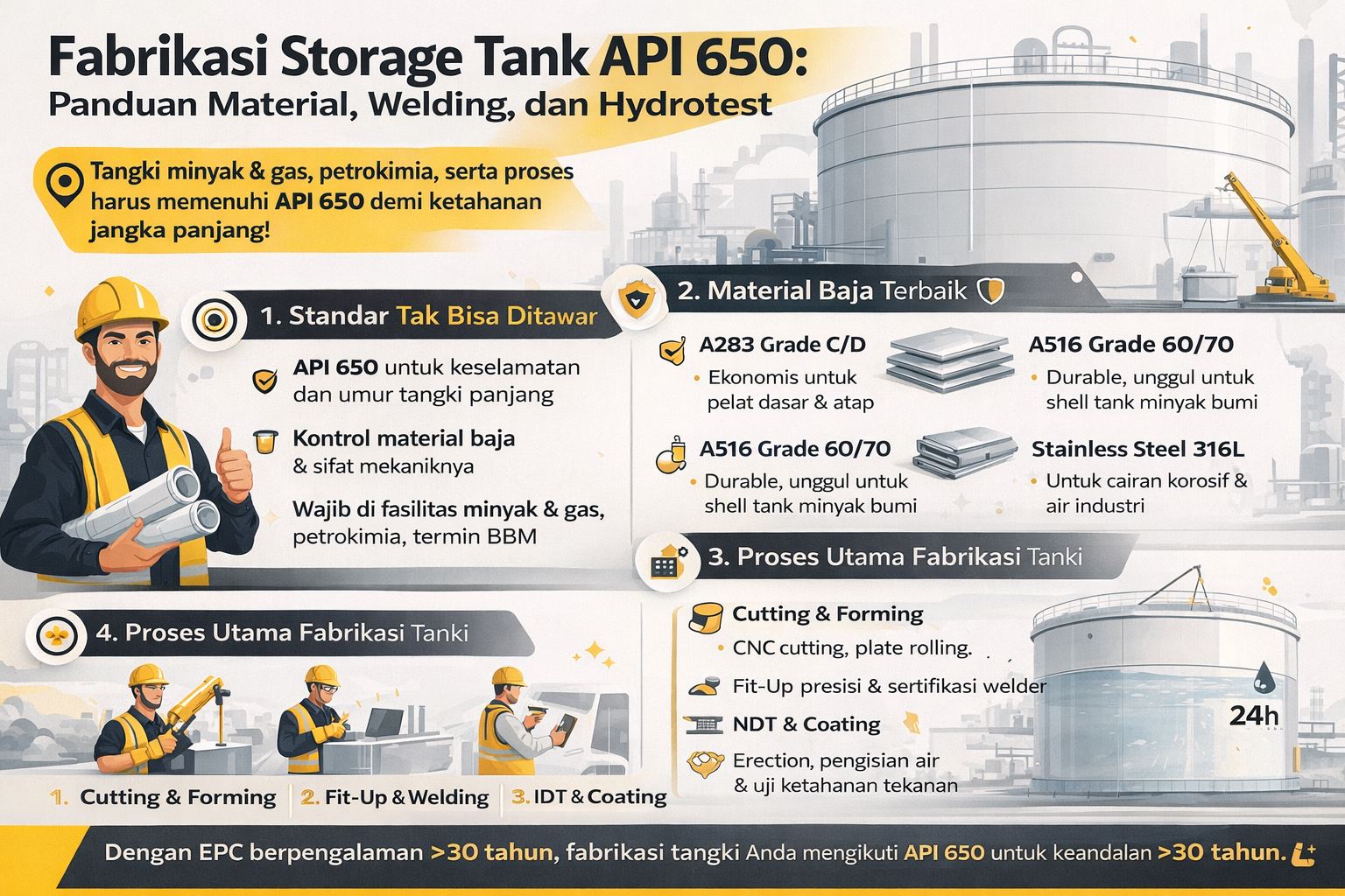 Infografis modern fabrikasi storage tank API 650 oleh PT Sarana Abadi Raya yang menjelaskan standar, material baja, proses welding, hingga hydrotest dalam industri minyak, gas, dan petrokimia secara ringkas dan informatif.