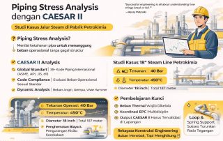Infografis modern tentang Piping Stress Analysis dengan CAESAR II pada studi kasus jalur steam pabrik petrokimia, menampilkan analisis beban, desain engineering, dan solusi ekspansi termal pipa industri.