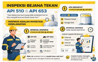 Infografis modern tentang inspeksi bejana tekan API 510 dan API 653, menampilkan panduan interval inspeksi, checklist teknis, serta standar keselamatan industri migas dan petrokimia.