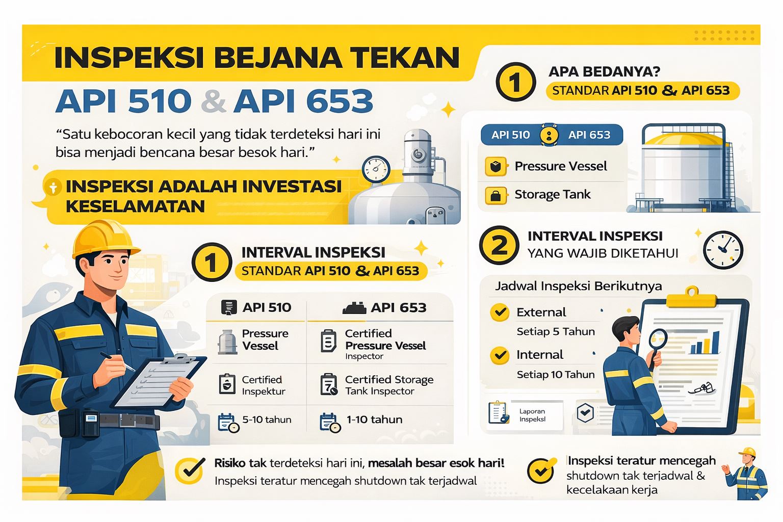 Infografis modern tentang inspeksi bejana tekan API 510 dan API 653, menampilkan panduan interval inspeksi, checklist teknis, serta standar keselamatan industri migas dan petrokimia.