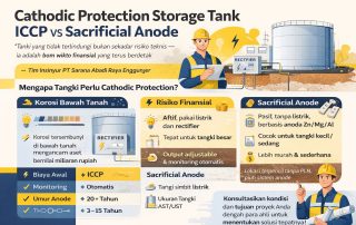 Infografis modern perbandingan Cathodic Protection Storage Tank antara sistem ICCP (Impressed Current Cathodic Protection) dan Sacrificial Anode, menampilkan perbedaan biaya, umur anoda, dan efektivitas proteksi korosi pada tangki industri.