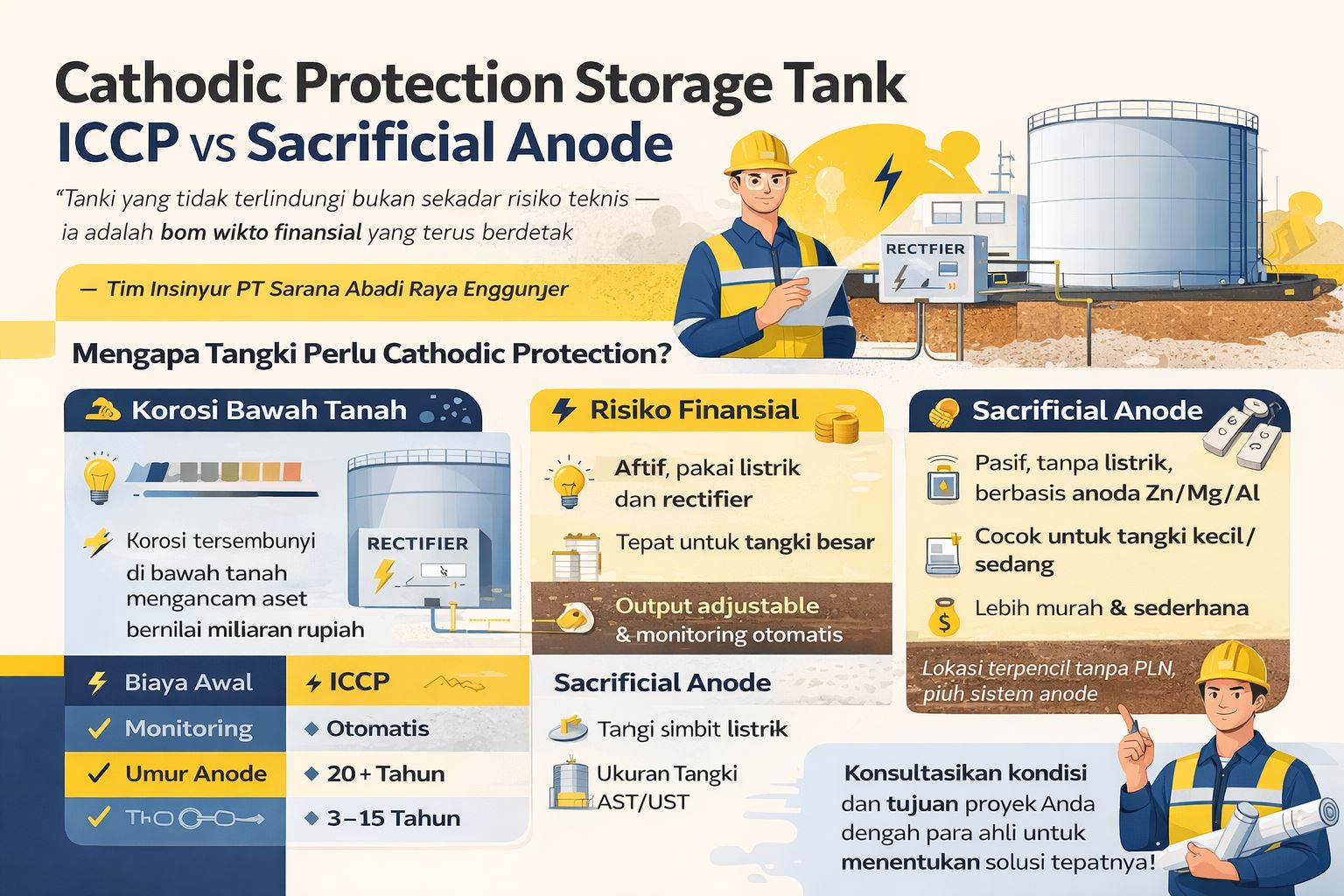 Infografis modern perbandingan Cathodic Protection Storage Tank antara sistem ICCP (Impressed Current Cathodic Protection) dan Sacrificial Anode, menampilkan perbedaan biaya, umur anoda, dan efektivitas proteksi korosi pada tangki industri.