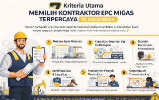Infografis modern dan elegan tentang 7 kriteria utama memilih kontraktor EPC migas Indonesia terpercaya, menampilkan layanan engineering, procurement, fabrication, erection, dan commissioning oleh PT Sarana Abadi Raya dengan desain minimalis dan visual industri.