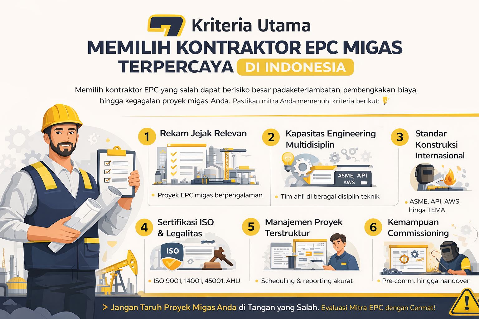 Infografis modern dan elegan tentang 7 kriteria utama memilih kontraktor EPC migas Indonesia terpercaya, menampilkan layanan engineering, procurement, fabrication, erection, dan commissioning oleh PT Sarana Abadi Raya dengan desain minimalis dan visual industri.