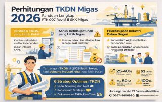 Infografis modern PT Sarana Abadi Raya tentang Perhitungan TKDN Migas 2026 berdasarkan PTK 007 Revisi 5 SKK Migas, menampilkan panduan strategi optimasi TKDN, regulasi terbaru, serta ilustrasi industri migas dengan desain elegan berwarna biru dan kuning.