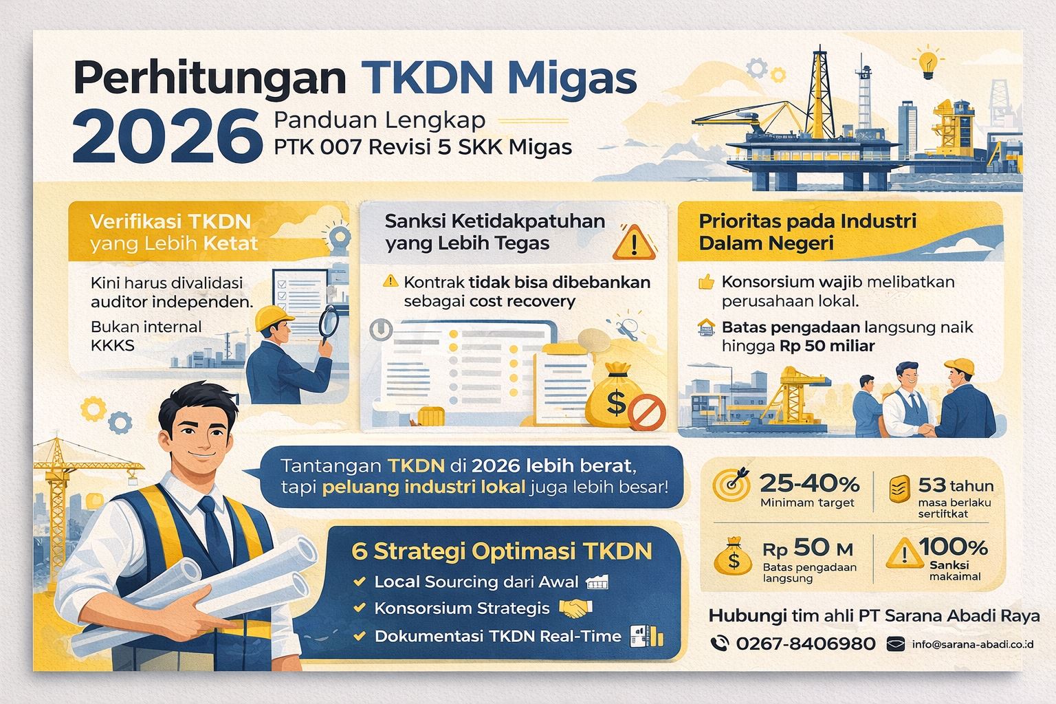 Infografis modern PT Sarana Abadi Raya tentang Perhitungan TKDN Migas 2026 berdasarkan PTK 007 Revisi 5 SKK Migas, menampilkan panduan strategi optimasi TKDN, regulasi terbaru, serta ilustrasi industri migas dengan desain elegan berwarna biru dan kuning.