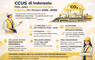 Infografis CCUS di Indonesia 2026–2030 yang menampilkan roadmap 15 proyek carbon capture, tantangan teknis industri proses, serta peluang besar bagi kontraktor EPC di sektor energi dan konstruksi.