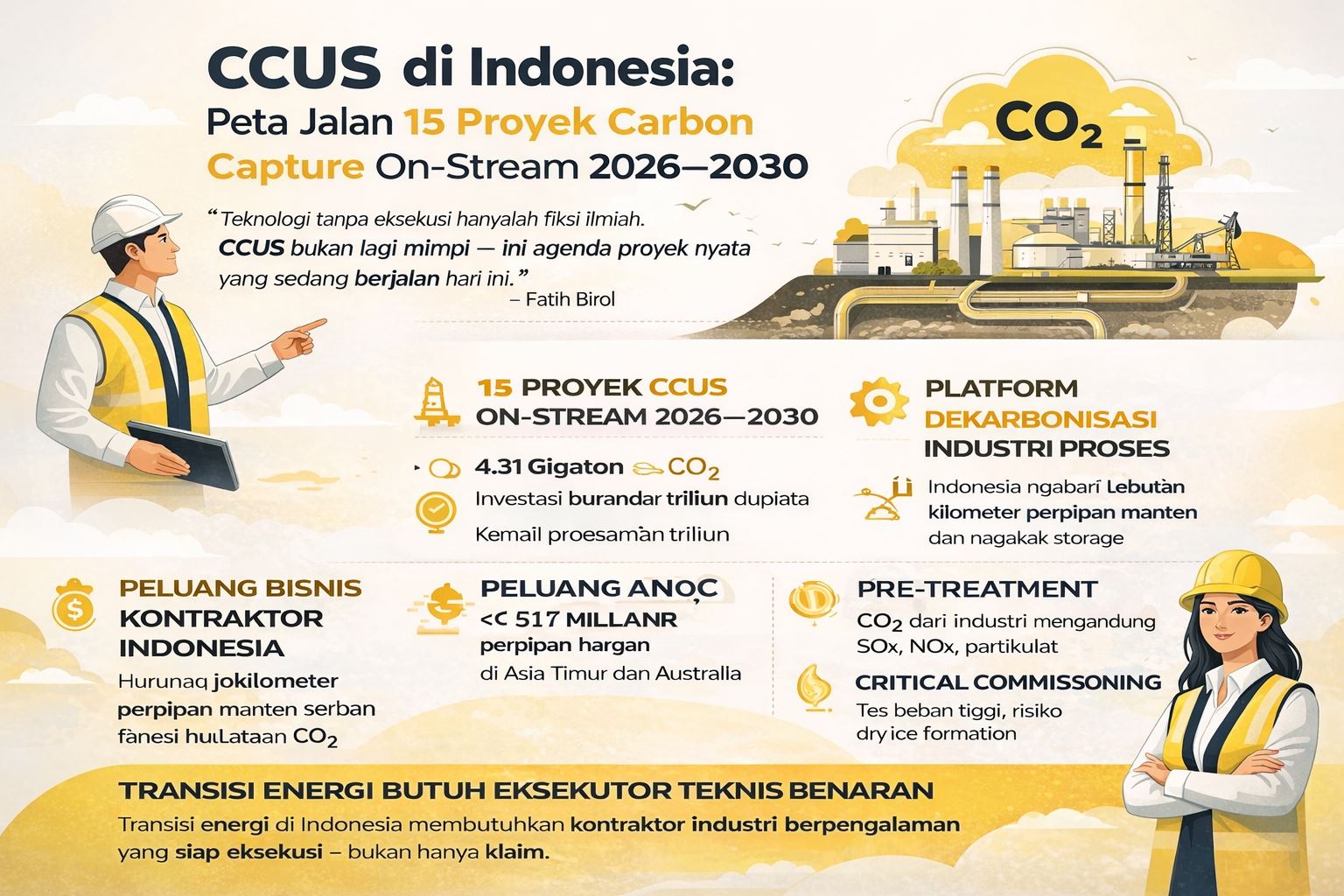 Infografis CCUS di Indonesia 2026–2030 yang menampilkan roadmap 15 proyek carbon capture, tantangan teknis industri proses, serta peluang besar bagi kontraktor EPC di sektor energi dan konstruksi.