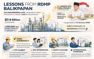 Infografis modern landscape yang menampilkan pelajaran EPC dari proyek RDMP Balikpapan, mencakup investasi, tantangan brownfield, standar internasional, serta prinsip engineering dan konstruksi industri oleh PT Sarana Abadi Raya.