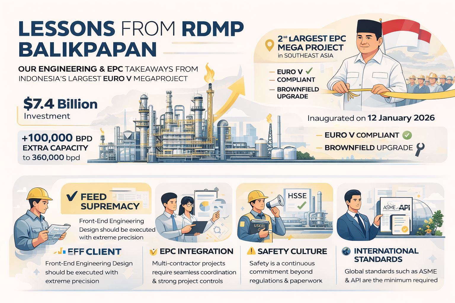 Infografis modern landscape yang menampilkan pelajaran EPC dari proyek RDMP Balikpapan, mencakup investasi, tantangan brownfield, standar internasional, serta prinsip engineering dan konstruksi industri oleh PT Sarana Abadi Raya.