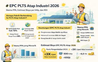 Infografis EPC PLTS Atap Industri 2026 yang menjelaskan skema PPA, estimasi biaya per kWp, ROI investasi, serta manfaat energi surya untuk industri manufaktur di Indonesia dengan desain modern dan ilustratif.