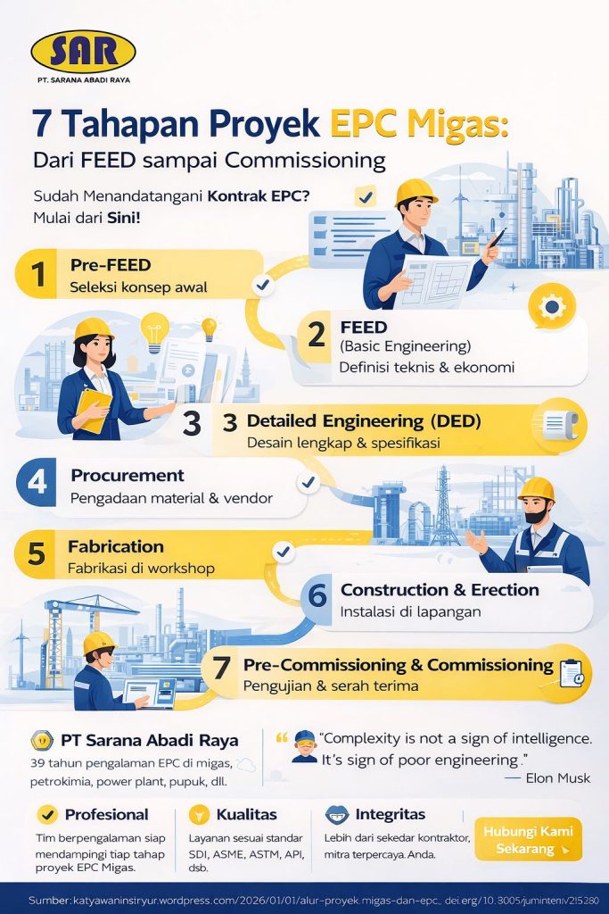 Infografis modern 7 tahapan proyek EPC migas dari PT Sarana Abadi Raya yang menampilkan alur lengkap mulai dari Pre-FEED, FEED, Detailed Engineering, Procurement, Fabrication, Construction & Erection, hingga Pre-Commissioning dan Commissioning dengan desain minimalis, ilustrasi engineer, dan nuansa warna biru-kuning profesional.