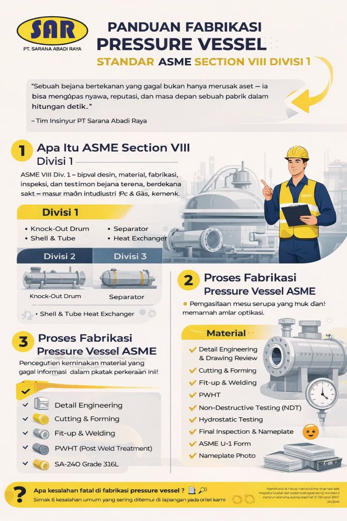 Infografis Panduan Fabrikasi Pressure Vessel ASME Section VIII Divisi 1 oleh PT Sarana Abadi Raya yang menampilkan tahapan lengkap engineering, material, welding, NDT, hingga hydrotest dalam standar industri migas modern yang aman dan terverifikasi.