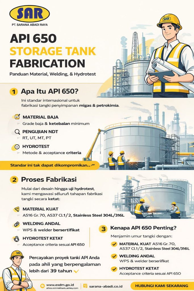 Infografis modern PT Sarana Abadi Raya tentang Fabrikasi Storage Tank API 650 yang menampilkan proses material, welding, hydrotest, dan standar industri migas secara visual dan profesional.