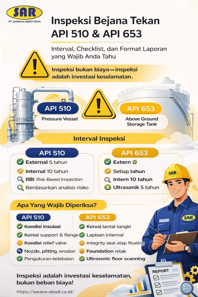 Infografis modern dan minimalis tentang Inspeksi API 510 dan API 653 oleh PT Sarana Abadi Raya yang menampilkan standar inspeksi bejana tekan dan tangki penyimpanan industri migas, lengkap dengan checklist, interval inspeksi, dan pendekatan Risk-Based Inspection (RBI) dalam desain visual elegan berwarna kuning-biru khas SAR.