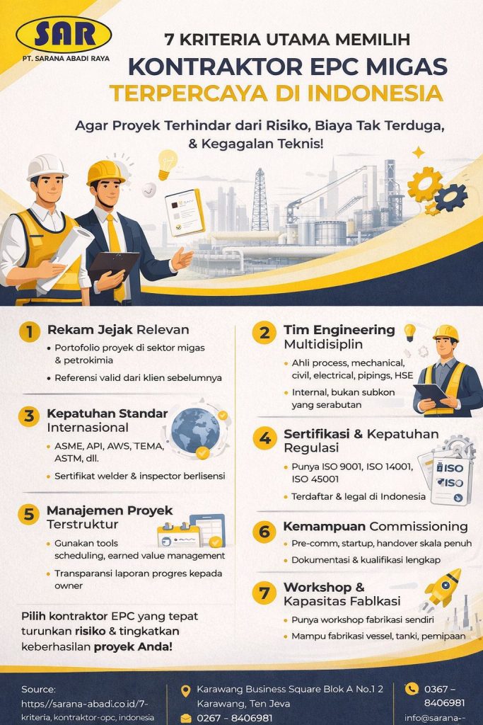 Infografis modern PT Sarana Abadi Raya tentang 7 kriteria utama memilih kontraktor EPC migas terpercaya di Indonesia, menampilkan desain minimalis elegan dengan warna kuning biru khas perusahaan, ilustrasi teknik industri, dan elemen engineering proyek skala besar.
