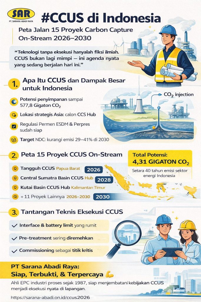 Infografis modern CCUS di Indonesia yang menampilkan peta jalan 15 proyek Carbon Capture, Utilization, and Storage (CCUS) periode 2026–2030, termasuk tantangan teknis, potensi penyimpanan karbon, dan ilustrasi insinyur industri energi dalam lingkungan pabrik dan fasilitas injeksi CO₂.