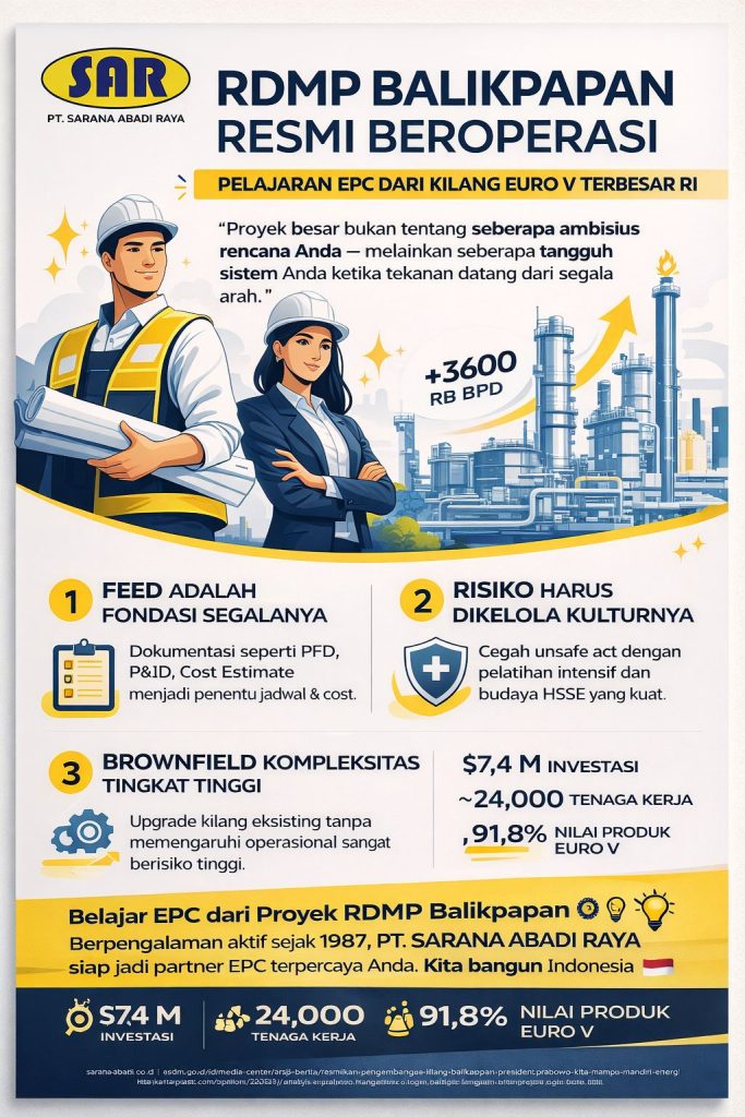 Infografis modern PT Sarana Abadi Raya tentang pelajaran EPC dari proyek RDMP Balikpapan kilang Euro V terbesar di Indonesia, menampilkan konsep brownfield engineering, manajemen risiko, dan konstruksi industri skala besar dengan desain ilustratif teknik dan konstruksi energi.