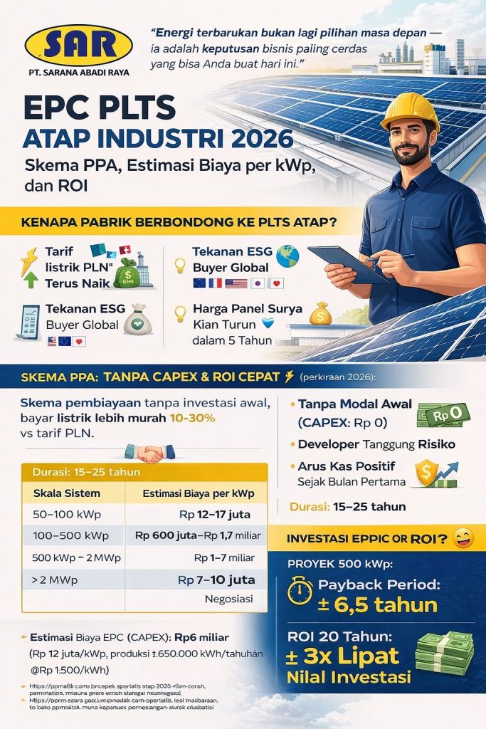 Infografis modern EPC PLTS Atap Industri 2026 yang menampilkan skema PPA, estimasi biaya per kWp, ROI investasi energi surya, serta ilustrasi profesional proyek PLTS industri dengan desain minimalis biru-kuning yang elegan.