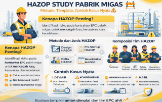 Infografis HAZOP Study Pabrik Migas modern yang menjelaskan metode analisis risiko, jenis HAZOP, komposisi tim, dan contoh kasus nyata dalam industri oil and gas EPC.