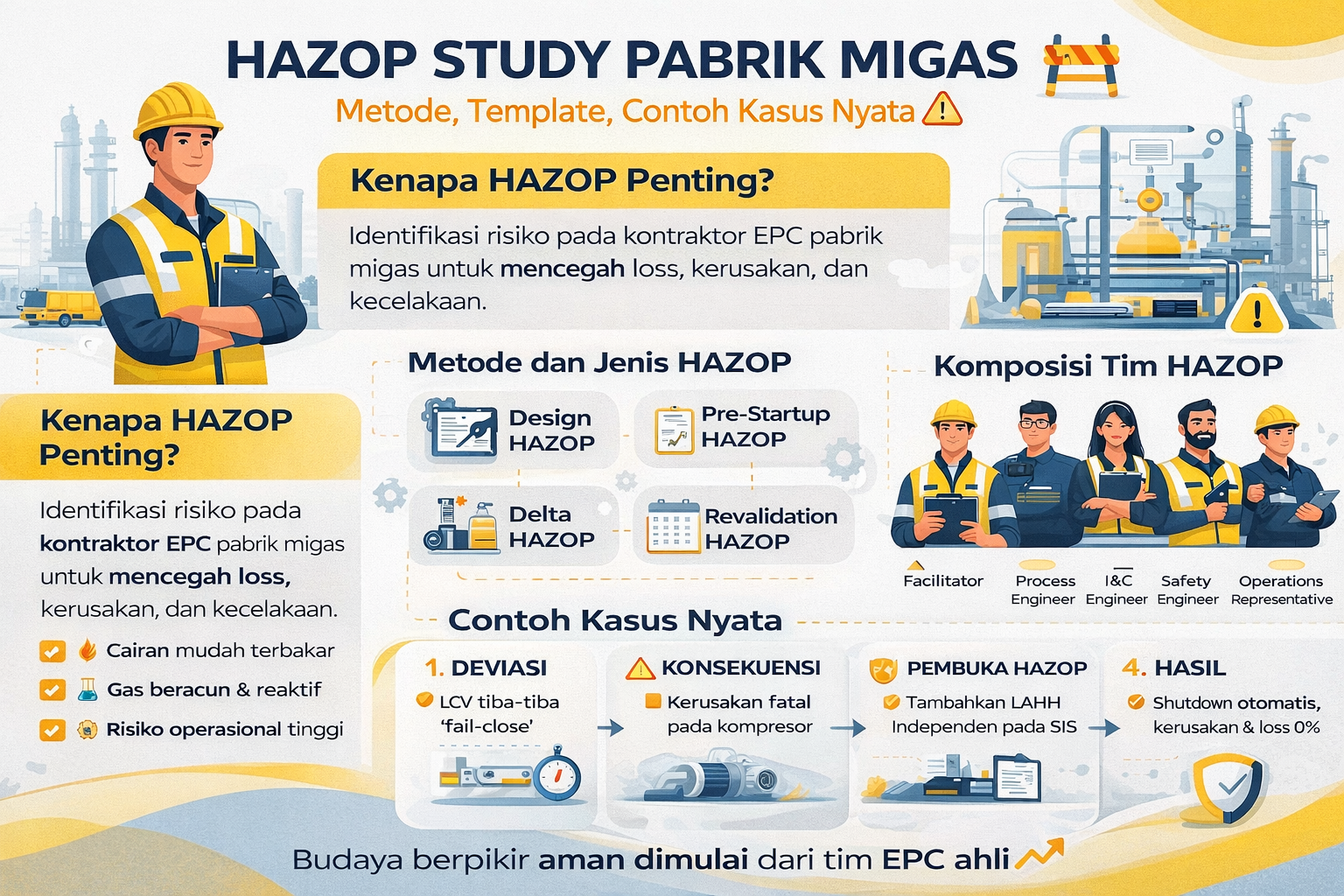 Infografis HAZOP Study Pabrik Migas modern yang menjelaskan metode analisis risiko, jenis HAZOP, komposisi tim, dan contoh kasus nyata dalam industri oil and gas EPC.
